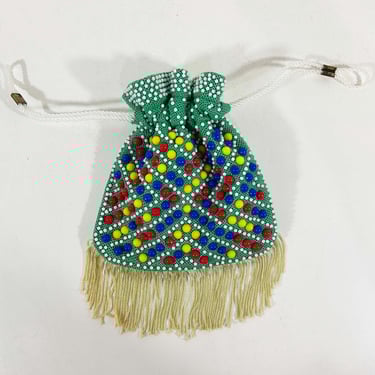 Vintage Beaded Rainbow Bag Drawstring Change Purse Slouchy Colorful Hippie Hong Kong Hippie Boho 1960s 1950s Melanie Creations Green Fringe 