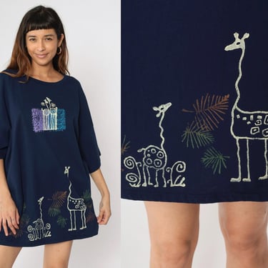 90s Giraffe TShirt Dress Jungle T-Shirt Mini Navy Blue Night Shirt Sleep Safari Animal Graphic Tee Short Sleeve Vintage 1990s Plus Size 