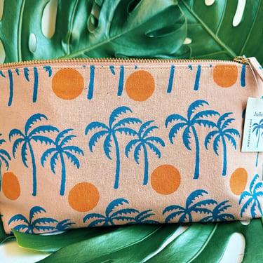 palm sunset on pink. block printed zipper pouch. makeup bag. pencil case. travel cosmetic. coastal gift for her. PREORDER SHIPS APPX 7/25 