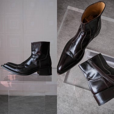 Vintage GIANNI BARBATO Dark Brown Leather Pointy Toe Ankle Zip Boots | Made in Italy | Size 42 / 9 | 1990s Y2K Italian Designer Mens Boots 