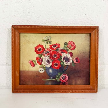 Vintage Framed Floral Print 1950s 1960s Raised Print Wooden Brown Frame Lithograph Litho Red White Pink 3D Poppy Flowers 