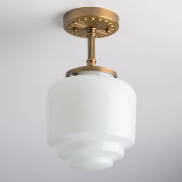 Hand Blown Glass - Semi Flush Lighting - Heavy Gauge Brass Ceiling Light Fixture - White Glass Shade - Historic Design - Art Deco 