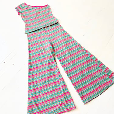 1970s Betsey Johnson Alley Cat Striped One Shoulder Wide Leg Two Piece Set 