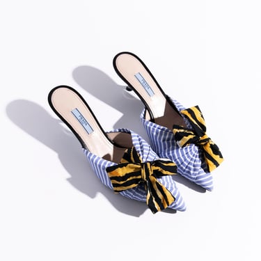 PRADA Blue/Yellow Pinstripe Bow Mules (Sz. 38.5)