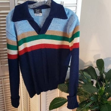 Vintage 70s Knit Pullover Sweater/Stripes / V Neck / Collar Sweater / M/L 