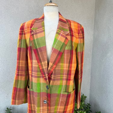 Vintage 80s boyfriend blazer jacket linen fall colors plaid sz12 by Classics for Anne Klein NWT 