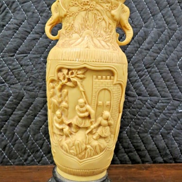 Vintage Chinese Carved Composite Vase Or Urn With Elephand Head Handles - Asian 