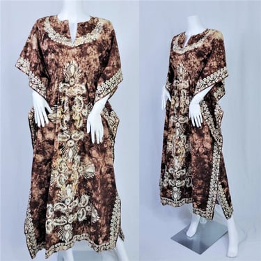 Batik Cotton Caftan Brown Tie Dye Print Dress I Sz Med - Lrg 