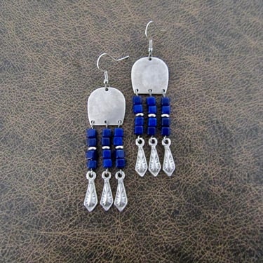 Blue seed bead and antique silver earrings 