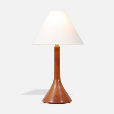 Danish Modern Sculpted Teak Table Lamp with Cone Linen Shade