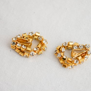 Vintage Gold Metal and Clear Rhinestone Loop Clip Earrings 