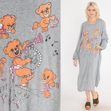 Teddy Bear Pajama Dress 80s Nightgown Blues Band Nightie Graphic Tee Retro Cute Kawaii Midi T-Shirt Sleep Shirt Vintage 1980s Extra Large xl 