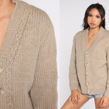 60s Taupe Cardigan Knit Button Up Wool Sweater Retro Boho Hippie Earth Tone Neutral Basic Bohemian Tan Vintage Warm Knitwear 1960s Large L 