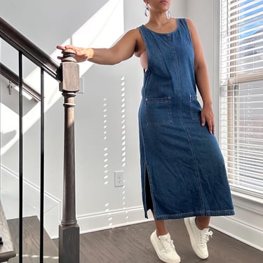 90s Denim Jumper Dress | Vintage Denim Tank Dress | Side Slit Denim Dress | Denim Maxi Dress | Cotton 