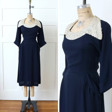 vintage 1940s dramatic sequin collar dress • navy blue tailored Debonaire rayon dress 