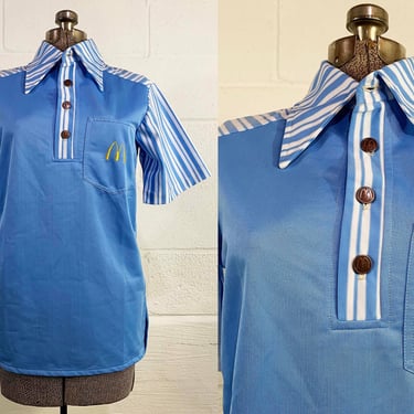 Vintage McDonald’s Uniform Polo Shirt 1976 Crest 1970s Baby Blue White Fast Food Restaurant Dead Stock NOS Deadstock 70s Medium 