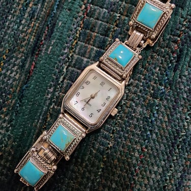 Vintage Dakota Shube Sterling Silver Quartz Watch Square Turquoise Links Southwest Jewelry Shube's 925 - Working Wristwatch 