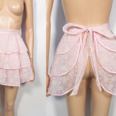 Vintage 50s Pink Ruffle Half Apron Size One Size Fits Most 