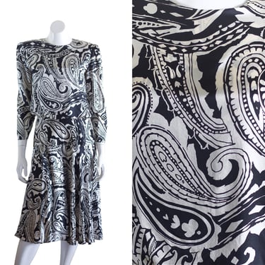 Vintage 1990s Silk Black and White Paisley Dress | Long Sleeves | Shoulder Pads | Pleated Skirt 