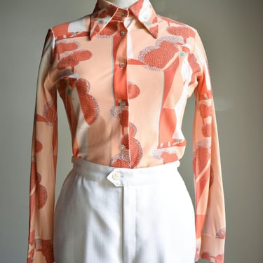 1970s Peach Orange Deco Lady All Over Print Disco Blouse / 70s Disco Blouse / Vintage 70s Party Blouse with Dagger Collar / 70s Does Nouveau 