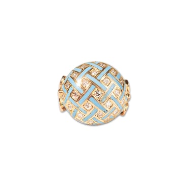 Estate 14K Enamel Diamond Cluster Dome Ring, Baby Blue Gingham Pattern Bombe Ring, Van Cleef Style, 3 1/2 US 