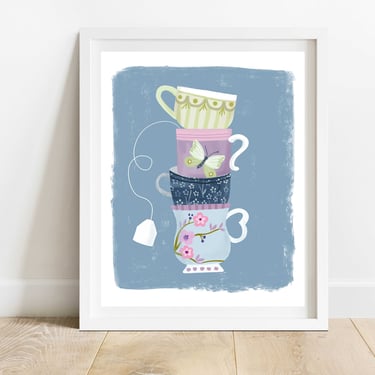 Stack of Teacups 8 X 10 Art Print/ Chinoiserie Kitchen Art/ Decorative Tea Cup Illustration/ Pastel Kitchen Wall Decor 