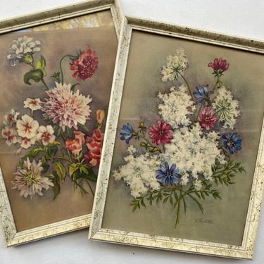 Vintage Framed Floral Prints, Shabby Chic, Art Prints By V. Carlston, Flower Art Work, Mid Century Modern, Set Of 2 