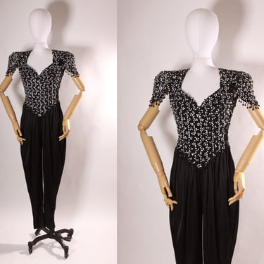 1970s Black and White Sequin Keyhole Cap Sleeve Beaded Fringe One Piece Jumpsuit by Susan Roselli for Vijack 