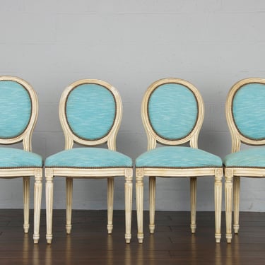 Antique French Louis XVI Style Provincial Painted Parisian Blue Upholstery Dining Chairs - Set 4 