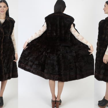 Mid Length Mahogany Mink Fur Coat, 80s Dark Brown Sleeveless Duster Jacket, Princess Real Vest 