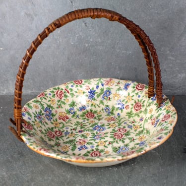 Antique Japanese Ceramic Bowl with Rattan Handle | Floral Porcelain Bowl with Wicker Handle | Bixley Shop 