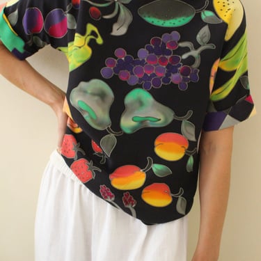 Vintage Fruit Illustrated Silk Blouse