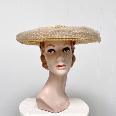 Vintage 1950s Ivory Cello Straw Platter Hat, New Look Cartwheel Hat w/Tulle Trim, Wide Brim Summer Garden Party Boater, One Size 