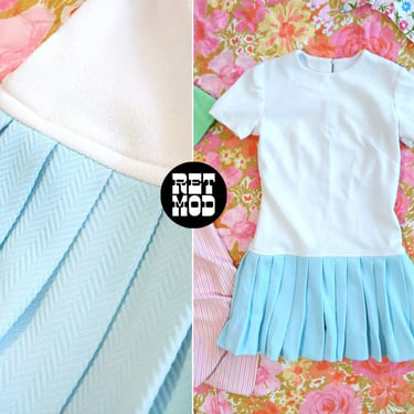 Cute Vintage 60s 70s Pastel Blue & White Textured Drop Waist Mini Dress 