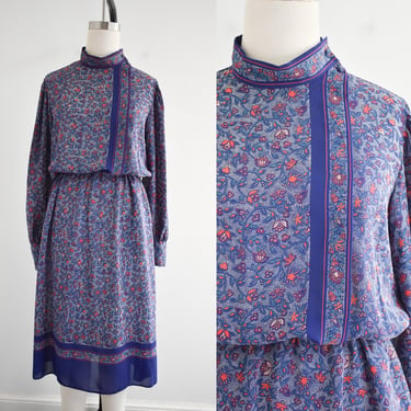 1980s Blue Floral Midi Dress 