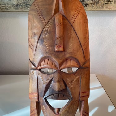 Vintage Hand Carved Wooden Face Mask  | Primitive Hand Made Wooden Art Mask Wall Hanging  | Rustic Wooden Carved Tribal Mask 