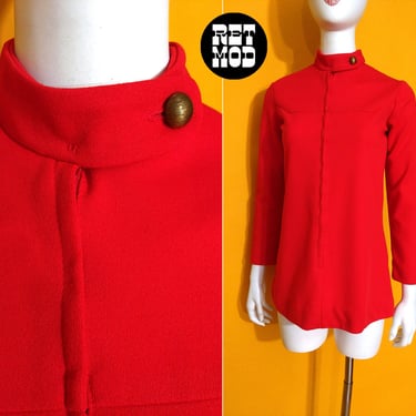 Mod Vintage 60s 70s Bright Red Tunic Top with Brass Button Collar 
