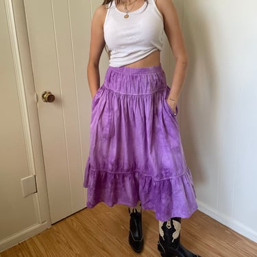 1970s Laurente Cotton Tiered Purple Tie Dye Skirt size Small 