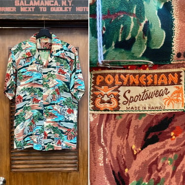 Vintage 1940’s Crepe “Polynesian Sportswear” Asian Japan Village Tiki Hawaiian Shirt, 40’s Vintage Clothing 