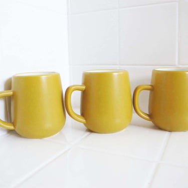 Vintage Mikasa Tulip Yellow Coffee Mug Set 3 - 1970s Terrastone Stoneware Drink Mugs - Earthtone Bohemian Kitchen Decor 