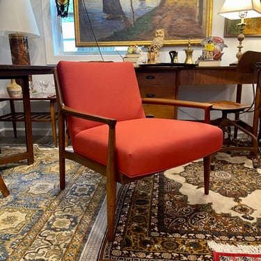 Scandinavian Modern Teak Armchair with Red Upholstery