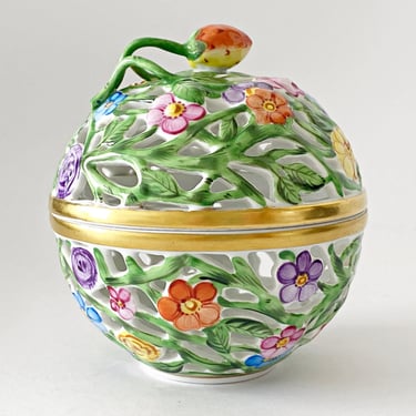 Herend porcelain trinket box Ball Shaped openwork china potpourri rose bowl Hand painted floral china jewelry box Valentines Gift 