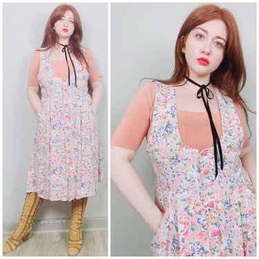 1990s Vintage RJ Stevens Rayon / Acetate Floral Pinafore / 90s Pastel Pink Flower Print Button Up Fit and Flare Overall Dress / XL 