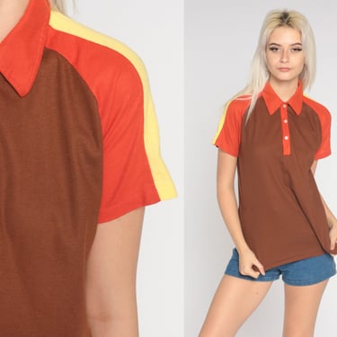 Striped Polo Shirt 70s Brown Orange Raglan Sleeve Shirt Retro Top 1970s Top Button Up Collared Shirt Vintage Seventies Yellow Small Medium 