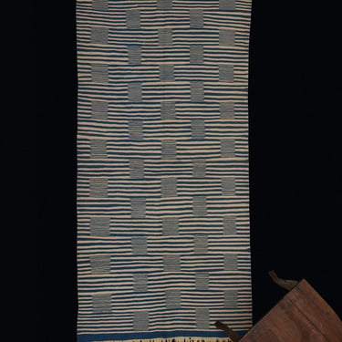 Indigo & Cream Coloured Flat Woven Kilim with Stripes & Squares .............. (37''x 6'5'')