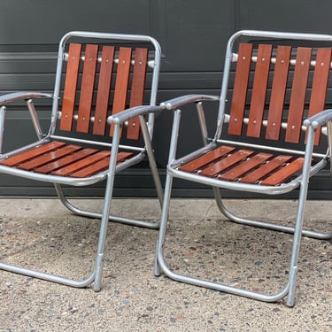 Pair Vintage Redwood Slat Folding Lawn Chairs 