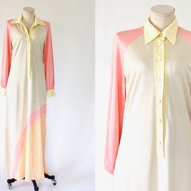1970s Sorbet Striped Maxi Dress - 70s Vintage Color Block Full Length Dress with Pearl Cluster Buttons - Medium 