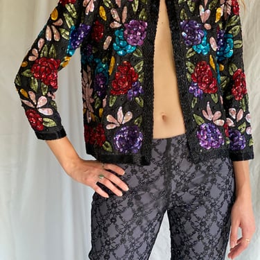 Sequin Silk Jacket / Floral Beaded Sequined Holiday Party Cocktail Jacket / Stage Wear / Designer Blazer / Silk Avant Garde Jacket 