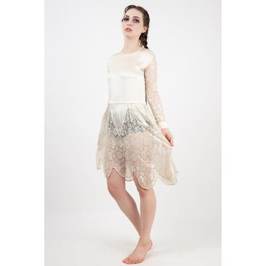1920s Wedding dress / Vintage sheer white silk satin / Drop waist XS 