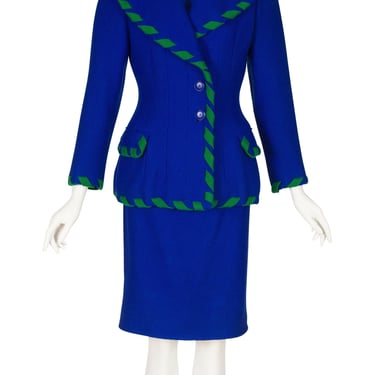 Valentino 1991-92 F/W Vintage Blue Wool Ribbon Trim Three-Piece Skirt Suit 